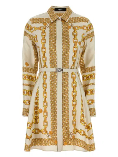 Versace Treasure Silk Mini Shirt Dress In Yellow
