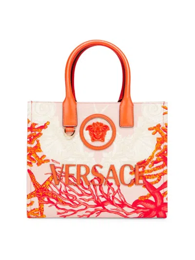 Versace La Medusa Barocco Sea Small Canvas Tote Bag In Coral Multi