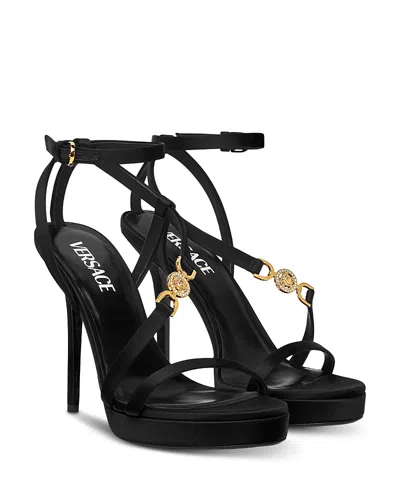 Versace Crystal Embellished Satin Platform Sandals In Black