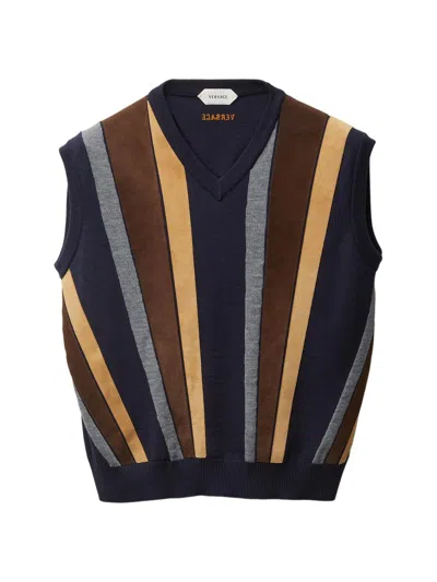 VERSACE WOMEN'S STRIPED LEATHER PATCHWORK SLEEVELESS VIRGIN WOOL TOP