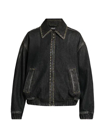 VERSACE WOMEN'S STUDDED STONE-WASHED DENIM JACKET