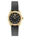 Versace 36mm V-code Watch With Calf Leather Strap, Yellow Gold/black In Gold