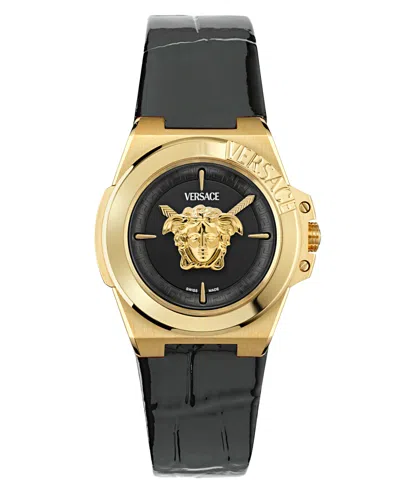 Versace Women's Swiss Black Leather Strap Watch 37mm In Gold