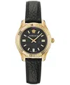 Versace Women's Swiss Greca Time Black Leather Strap Watch 35mm In Ip Yellow Gold