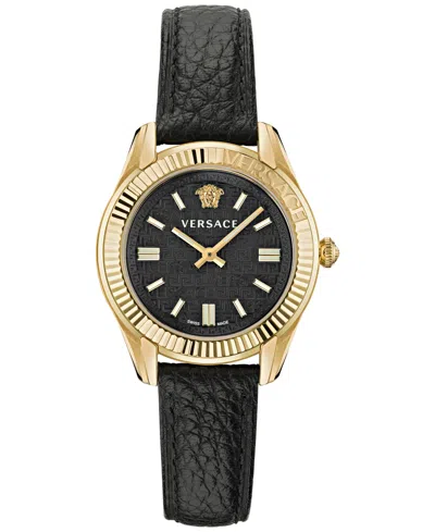Versace Women's Swiss Greca Time Black Leather Strap Watch 35mm In Ip Yellow Gold