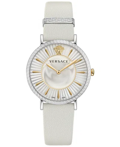 Versace Women's Swiss White Leather Strap Watch 38mm In Stainless