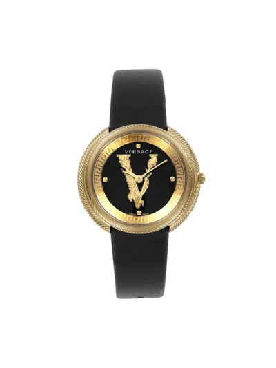 Versace Women's Thea 28mm Ip Yellow Goldtone Stainless Steel & Leather Watch In Black