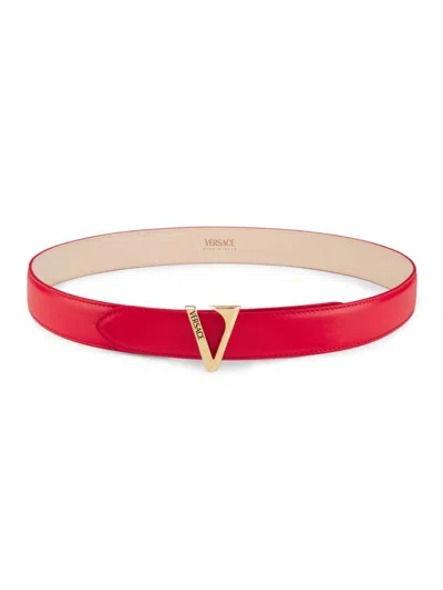 Versace Women's V Buckle Leather Belt In Red