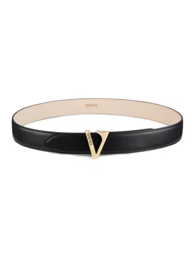 Versace Women's V Buckle Leather Belt In Black