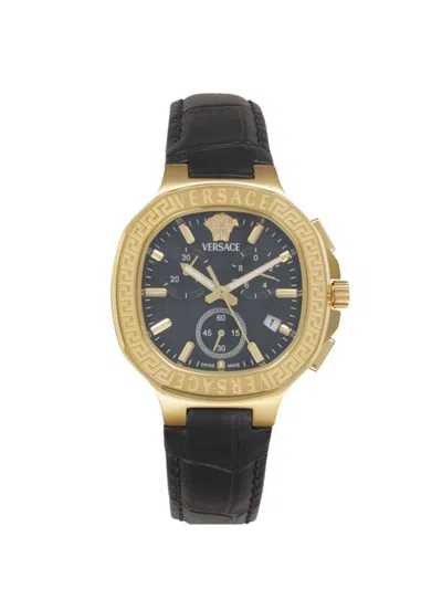 Versace Women's V-chrono Square Goldtone Stainless Steel Case & Leather Strap Chronograph Watch/40mm In Black