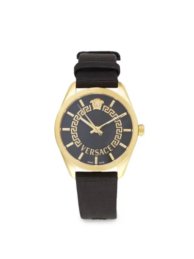 Versace Women's V-circle Ip Yellow Gold & Black Guilloché Dial Grosgrain-strap Watch/36mm