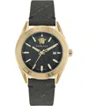 Versace 36mm V-code Watch With Calf Leather Strap, Yellow Gold/black In Black