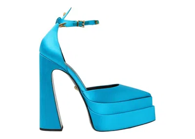 Pre-owned Versace Women's  Aevitas 160mm Pointy Platform Pumps Satin Sneakers In Light Blue/gold
