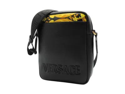 Pre-owned Versace Women's  Baroque Leather Print Crossbody Bag In Black/yellow In Multi