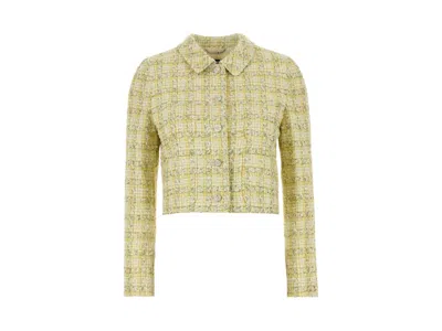 Pre-owned Versace Women's  Cotton Mix Fancy Tweed Informal Jacket In Ya Peridot/white