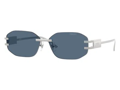 Pre-owned Versace Women's  Geometric Sunglasses Deep Blue In Silver (ve2274 100080)