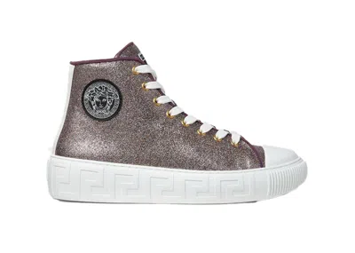 Pre-owned Versace Women's  Greca High Top Sneakers In Metallic Gold