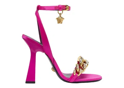 Pre-owned Versace Women's  Medusa 110mm Chain High Heeled Sandals Satin Sneakers In Deep Fuchsia/gold