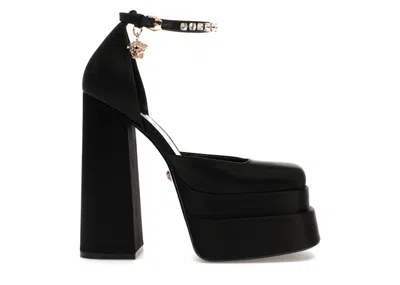 Pre-owned Versace Women's  Medusa Aevitas 155mm Platform Pumps Satin Sneakers In Black/gold