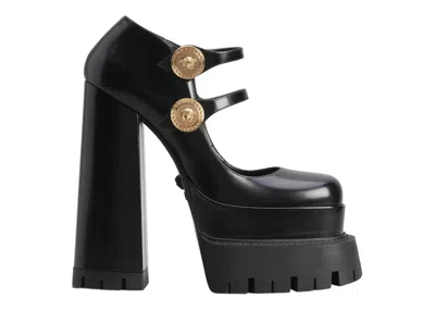Pre-owned Versace Women's  Medusa Aevitas 165mm Platform Mary Janes Patent Leather Sneakers In Black/gold