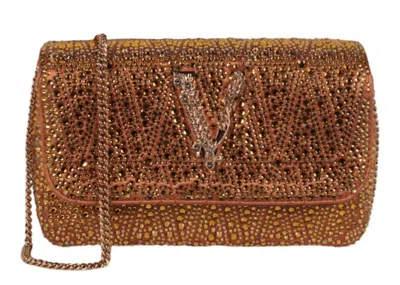 Pre-owned Versace Women's  Mini Crystal Virtus Crossbody In Caramel