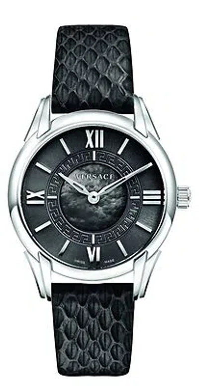 Pre-owned Versace Women's Vff010013 Dafne Steel Black Leather Strap Elaphe Design Watch In Dark Slate Gray