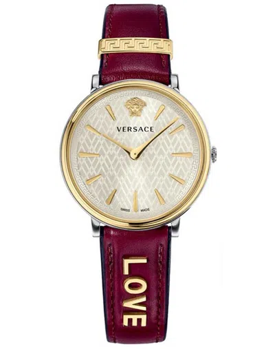 Pre-owned Versace Women's Watch Quartz White Dial Bordeaux Leather Vbp020017