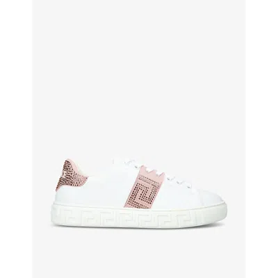 Versace Womens  Greca Crystal-embellished Leather Trainers In White/comb