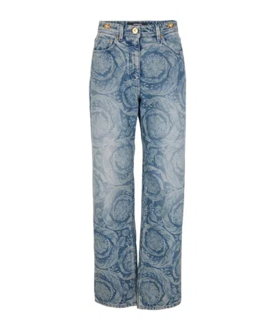 Versace Embellished Printed High-rise Straight-leg Jeans In Blue