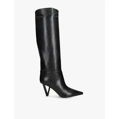 Versace Womens Black V2025 85 Leather Heeled Knee-high Boots Eur 39 / 6 Uk