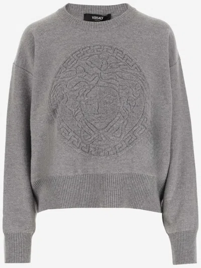 Versace Wool And Cashmere Pullover With Medusa In Gray