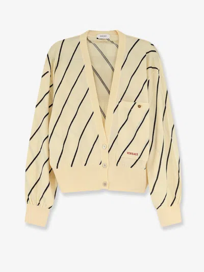 Versace Wool Blend Cardigan With Striped Detail In Yellow