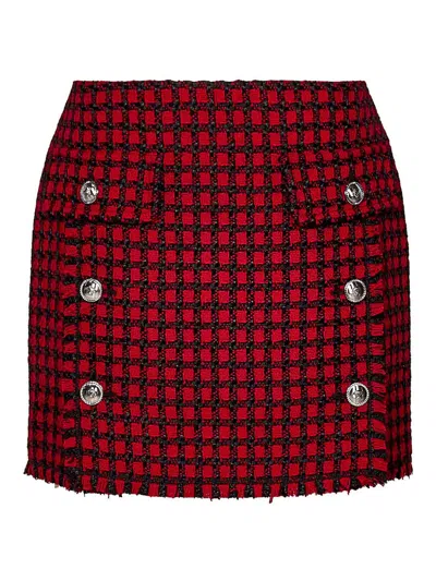 Versace Wool Blend Micro Windowpane Tweed Mini Skirt In Red