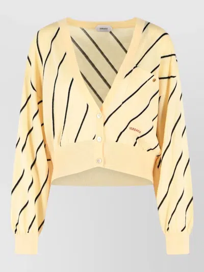 Versace Cropped Cream Wool Cardigan With Contrast Striped Pattern In Yellow