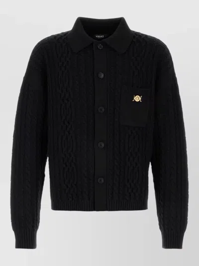 Versace Wool Cardigan With Ribbed Cuffs And Chest Pocket In Black
