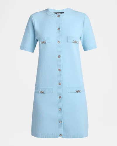 Versace Wool-cashmere Buttoned Mini Dress In Blue