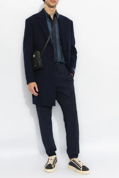 Versace Wool Coat In Navy Blue