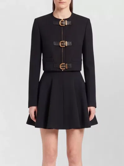 Versace Wool Crew Neck Long-sleeve Cropped Jacket In Black