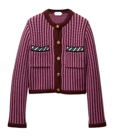 Versace Wool Crochet-stitch Knit Cardigan In Purple