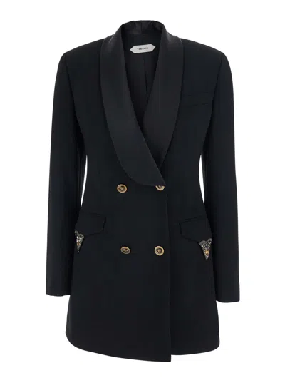 Versace Wool Double-breasted Jacket With Crystal Lapel Details And Logo Accents In Black