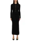 Versace Long Fitted Wool Dress With Gold-tone Button In Black