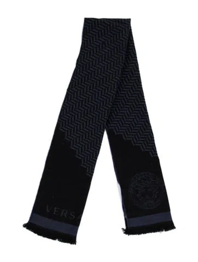 Pre-owned Versace Wool Graphic Print Scarf In Blue