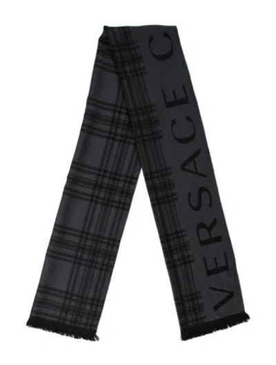 Pre-owned Versace Wool Graphic Print Scarf In Grey