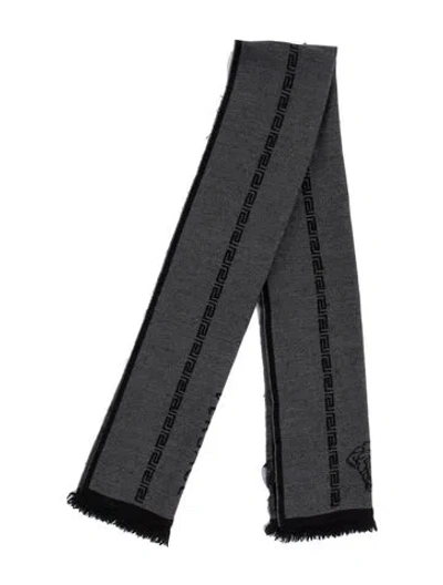 Pre-owned Versace Wool Graphic Print Scarf In Grey