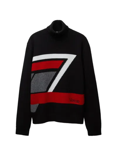 Versace Wool Intarsia Knit Turtleneck Sweater In Black