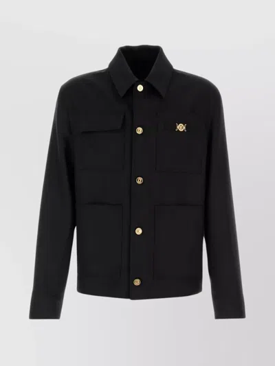 Versace Wool Jacket With Front Pockets And Gold Buttons In Black