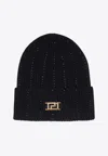 Versace Wool Knit Beanie With Greca Logo In Black