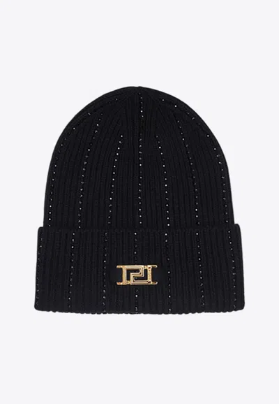 Versace Wool Knit Beanie With Greca Logo In Black