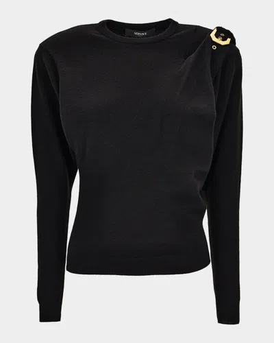 Versace Wool Sweater With Buckle Detail And Long Sleeves In Black