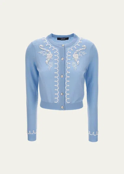 Versace Wool Knit Embroidered Sweater In Pastel Blue
